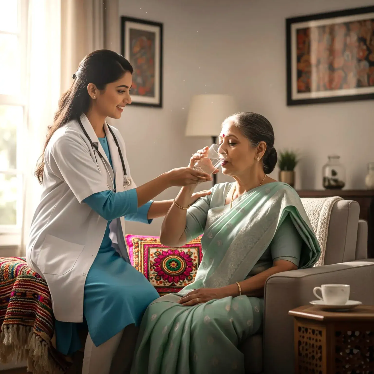 An attendant helping an older woman drink water in her living room