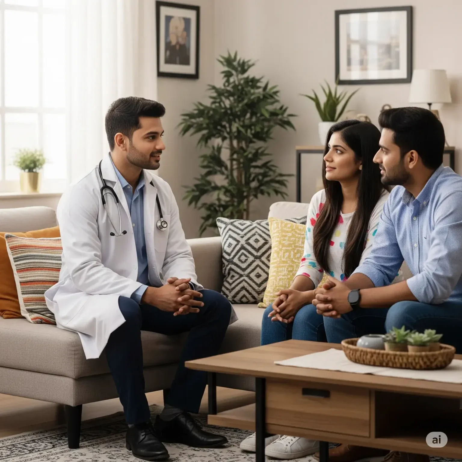A counsellor talking with a couple in their living room