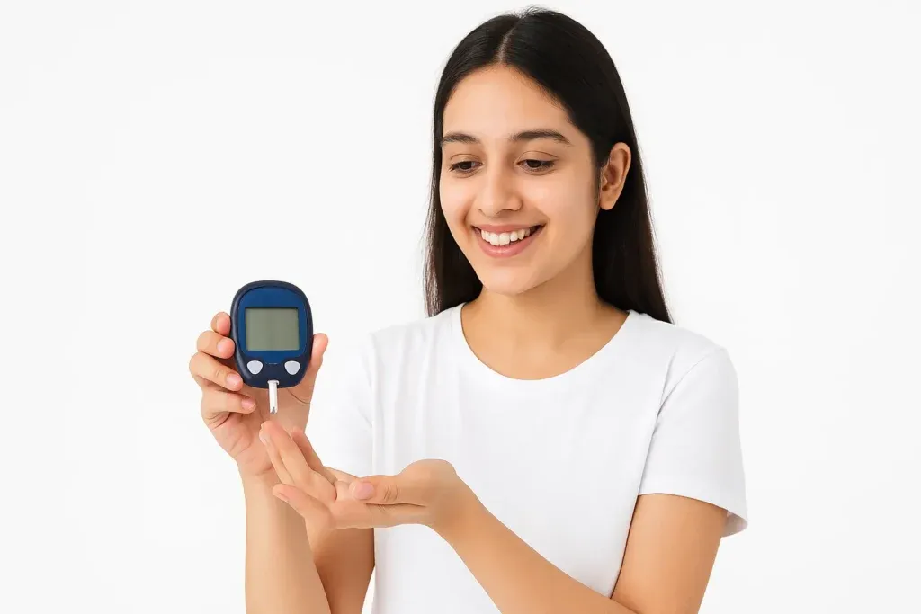 A woman checking her blood sugar with a glucometer