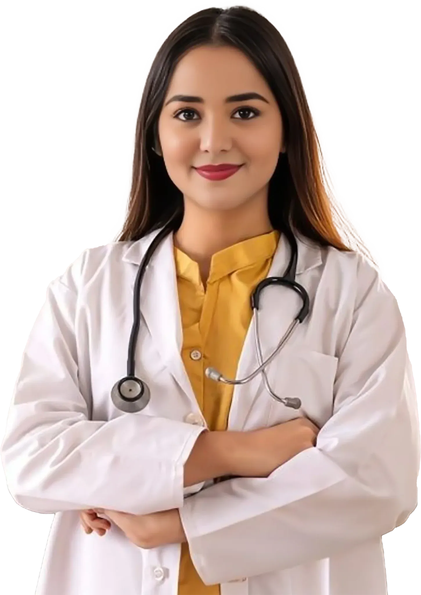 A smiling doctor in a white coat with a stethoscope