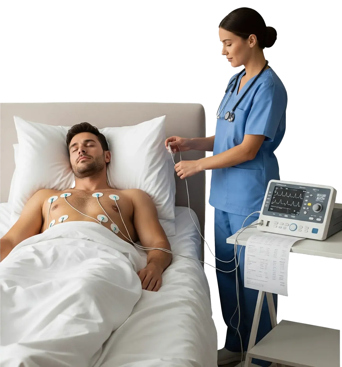 A nurse beside a patient connected to a monitor at home