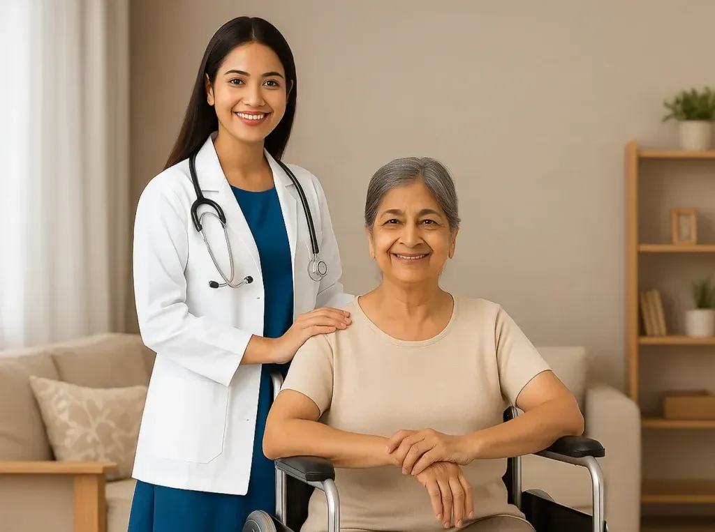 A caregiver beside a smiling older woman in a wheelchair