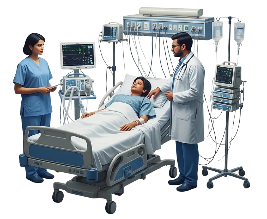 An ICU setup at home with monitors, a hospital bed, a nurse and a doctor