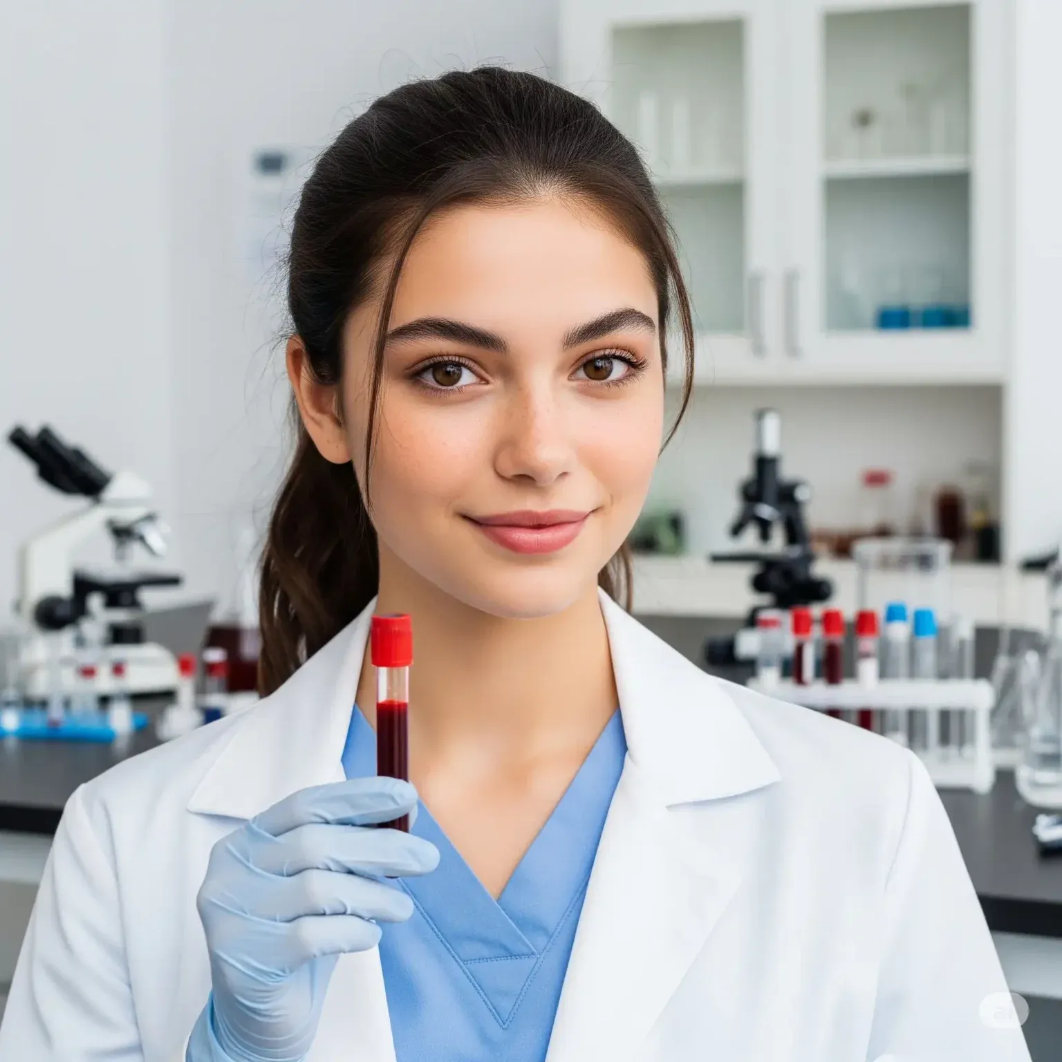 A lab technician holding a blood sample tube