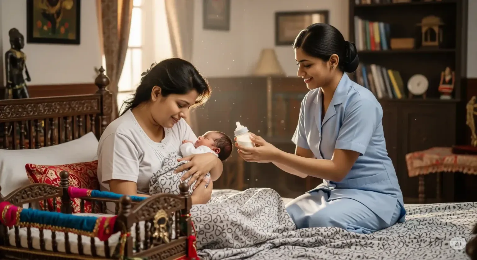 A nurse caring for a newborn while the mother rests at home