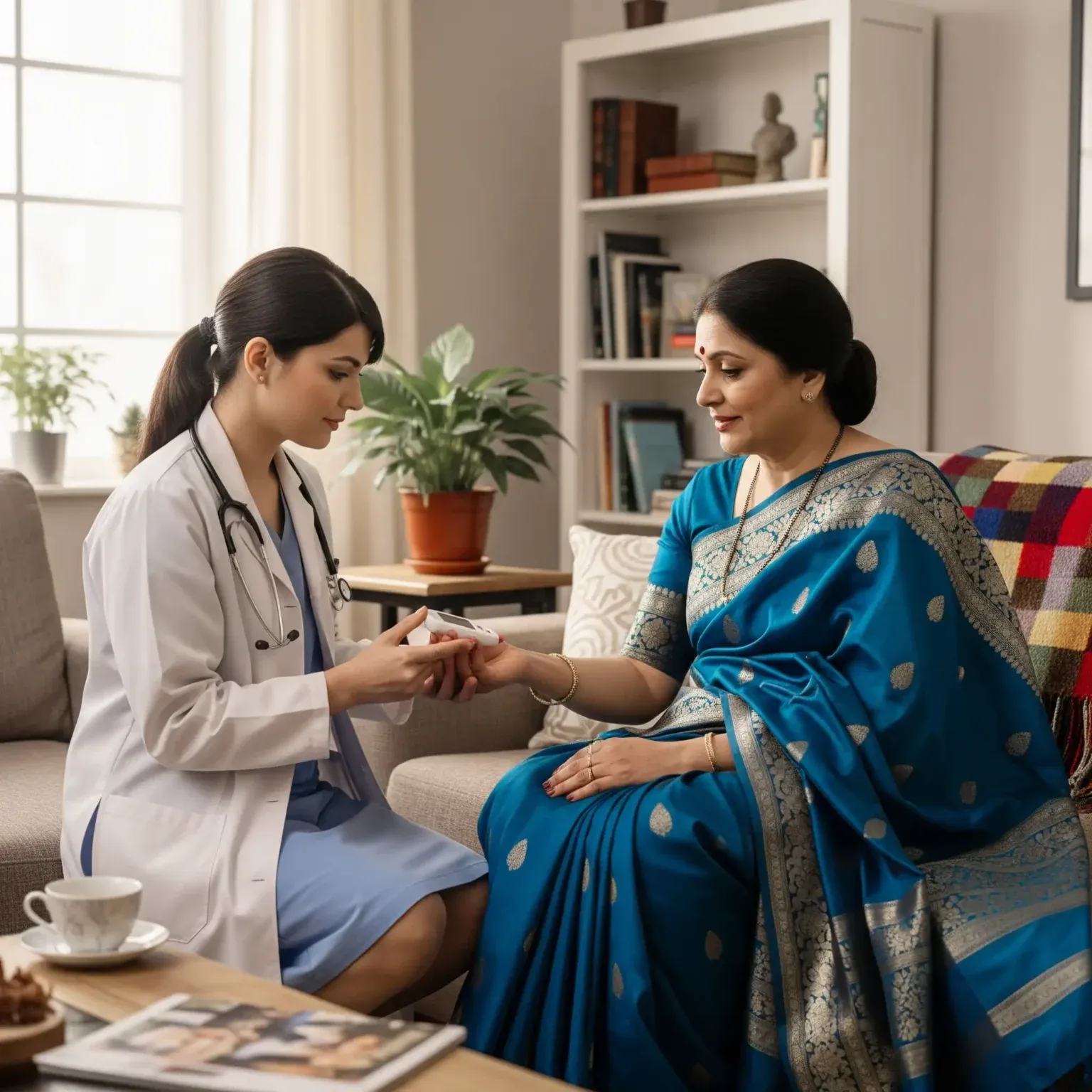 A nurse checking the blood pressure of a woman at home