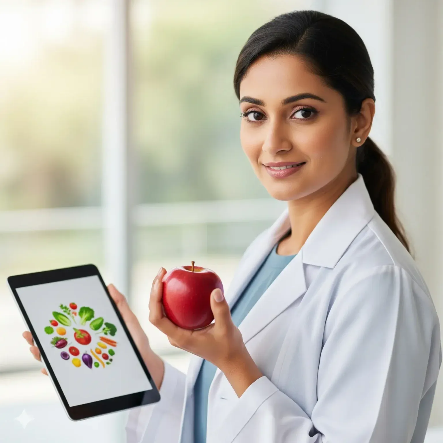 A dietitian holding an apple and a tablet with a meal plan