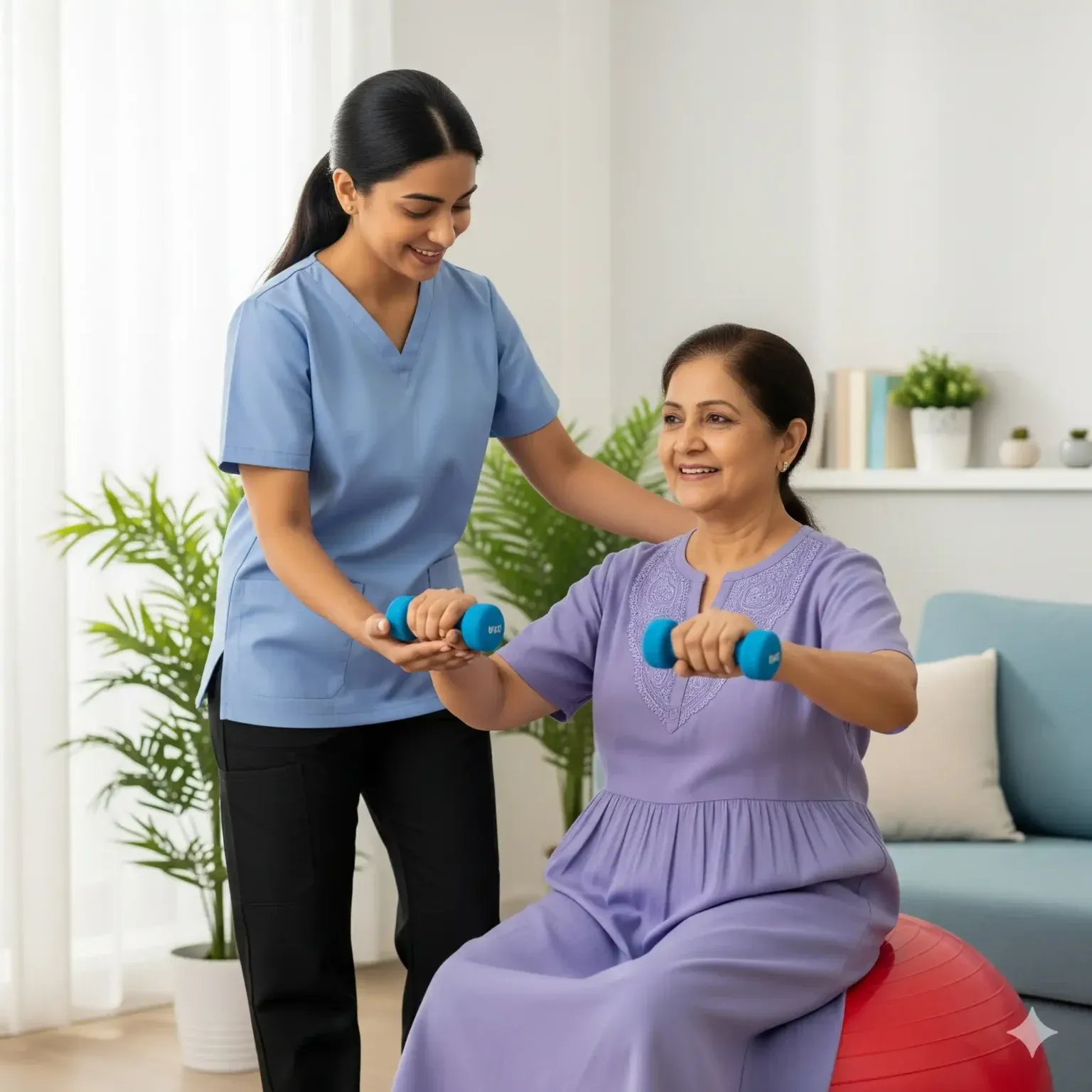 A physiotherapist guiding an older woman through exercises with dumbbells