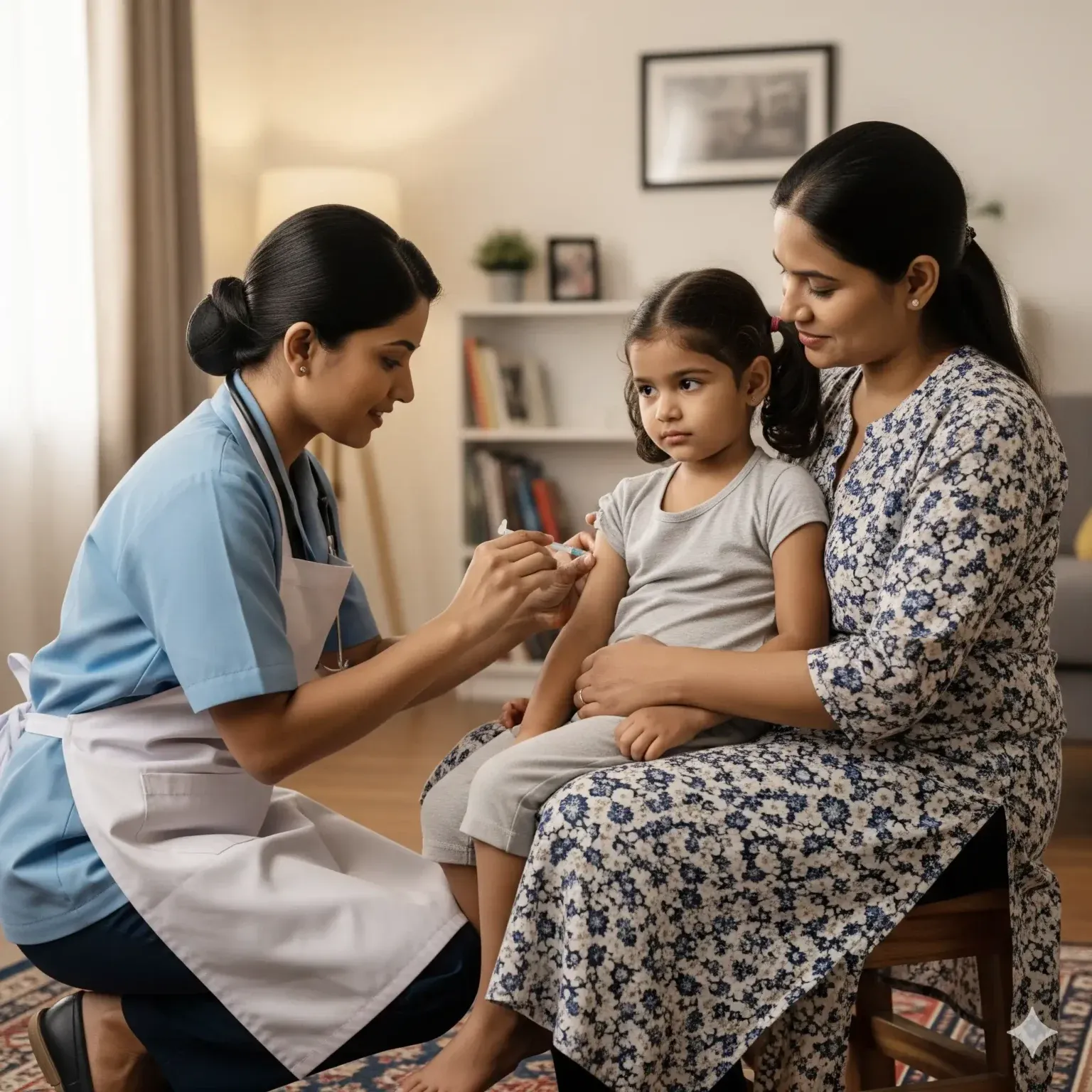 A nurse vaccinating a young girl sitting on her mother’s lap